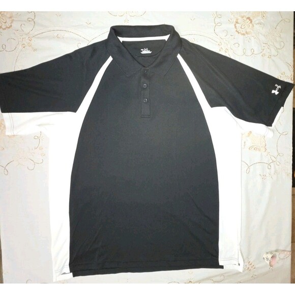 UNDER ARMOUR Heatgear Premium Mens Performance Golf Polo Black & White  Size 2XL - Picture 1 of 3